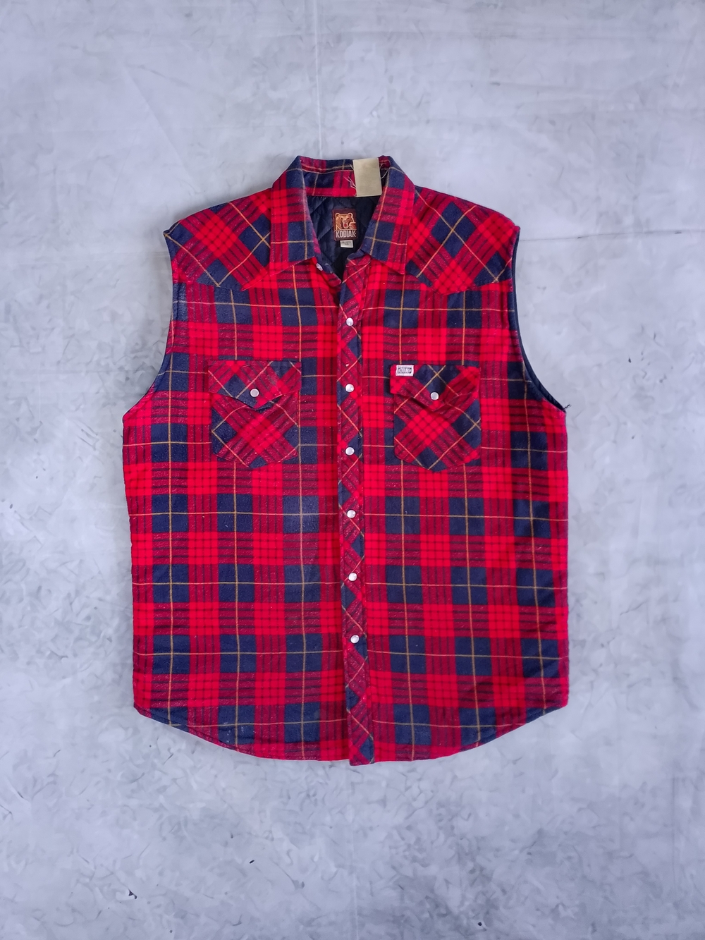 Vintage 90s Kodiak Red & Navy Plaid Sleeveless Shirt Jacket Pearl Snap